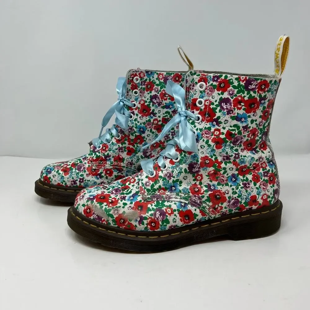 Dr. Marten Boots Women's Size 8 Blue Pascal Floral Print Ribbon Laces Combat - Picture 1 of 16
